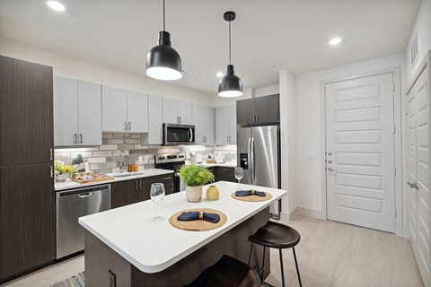 Model Pearl Design Package Kitchen at Fifteen 15 S Lamar Apartments in Austin TX